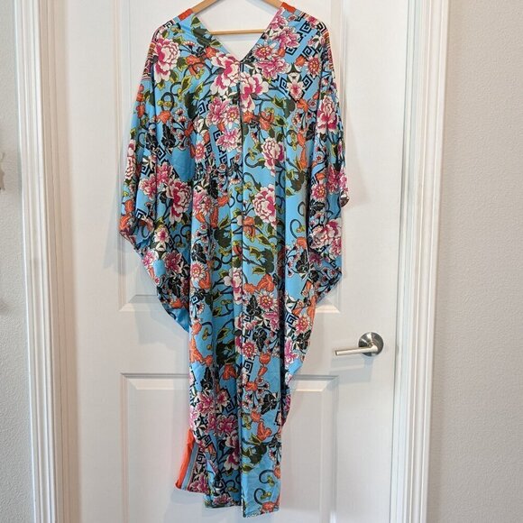 Natori Caftan Floral Lounge Gown Women's Large Vibrant Colorful Breezy V-Neck - Picture 6 of 16
